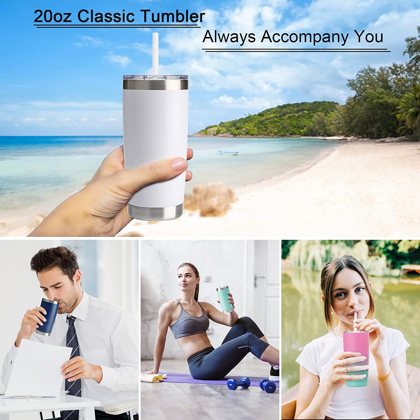20Oz Stainless Steel Insulated Coffee Tumbler with Lid and Straw - Double Wall Powder Coated Travel Mug (White)