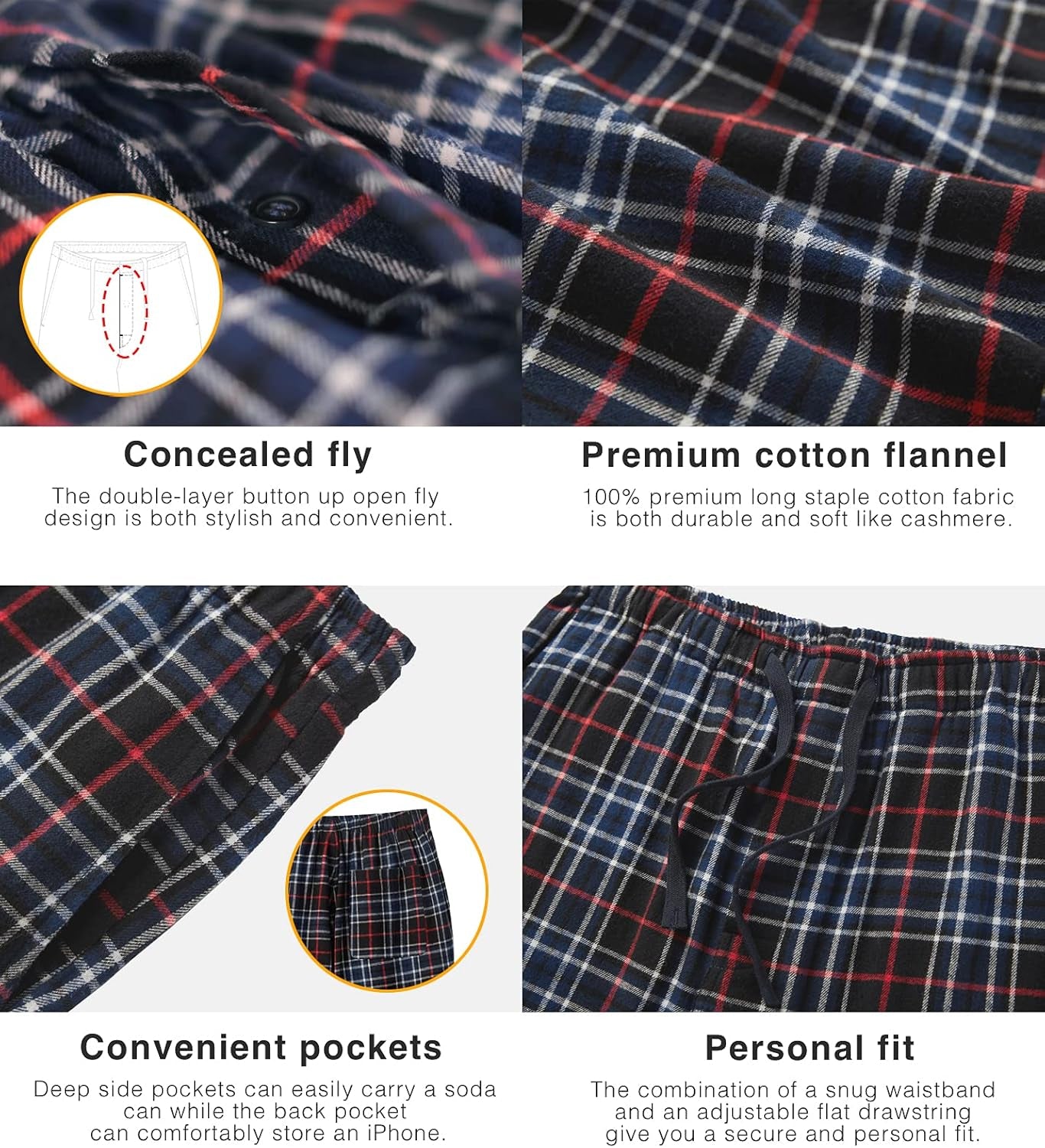 Cozy Men's Cotton Flannel Plaid Pajama Pants with Drawstring and Pockets