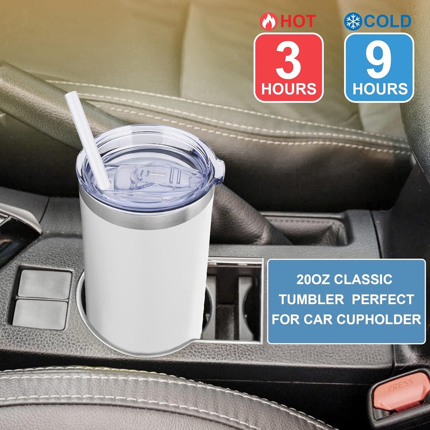 20Oz Stainless Steel Insulated Coffee Tumbler with Lid and Straw - Double Wall Powder Coated Travel Mug (White)