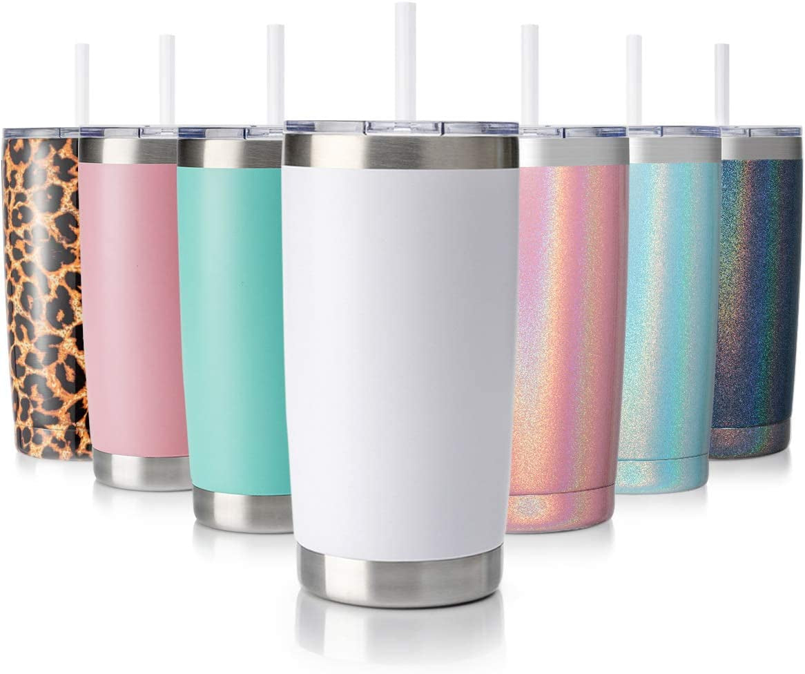 20Oz Stainless Steel Insulated Coffee Tumbler with Lid and Straw - Double Wall Powder Coated Travel Mug (White)