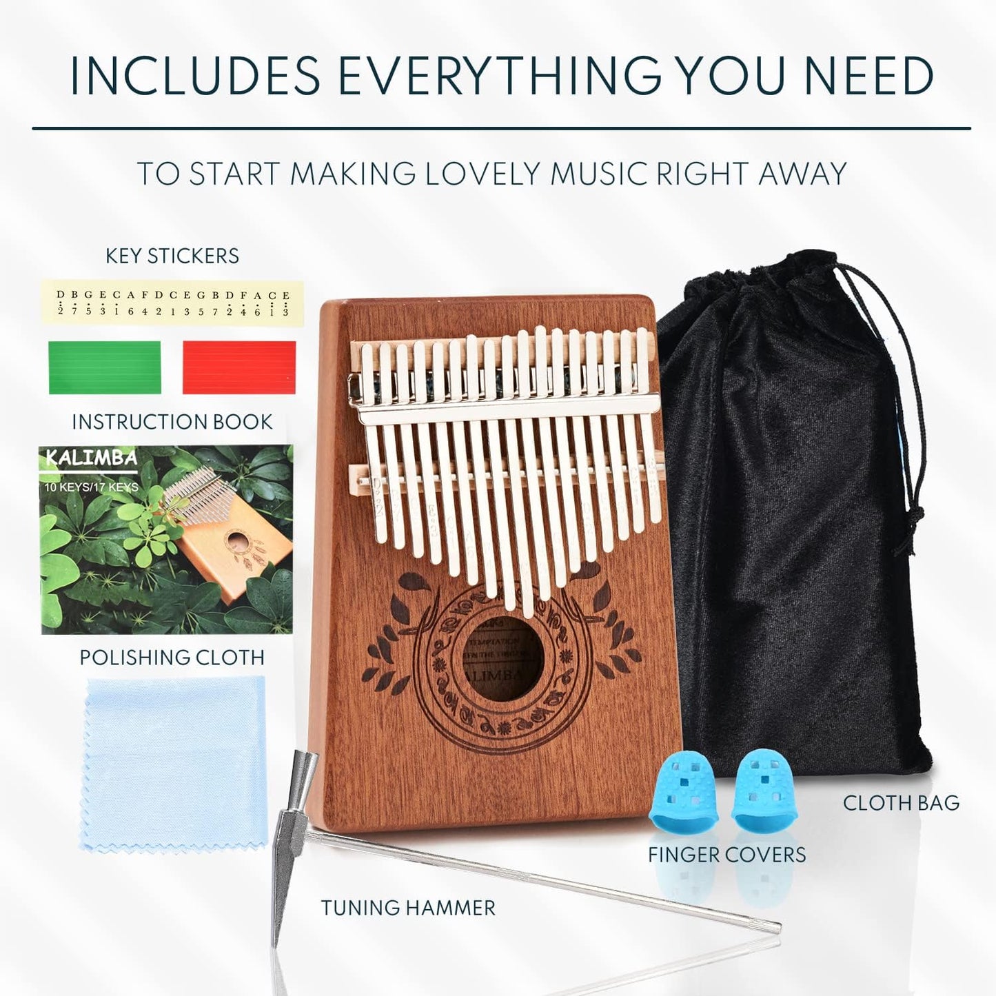 17-Key Kalimba Thumb Piano - Portable Mahogany Mbira with Instruction, Carrying Bag & Tune Hammer - Perfect Holiday Gift for Kids - Light Brown Musical Instrument