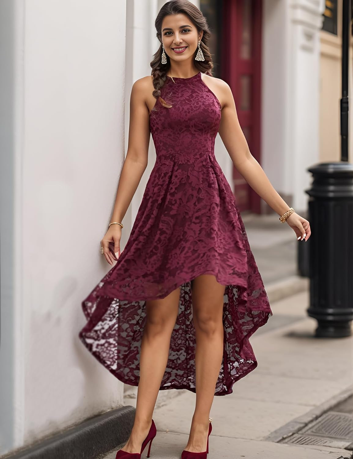 Elegant Hi-Lo Lace Halter Dress for Women - Perfect Wedding Guest & Bridesmaid Cocktail Attire