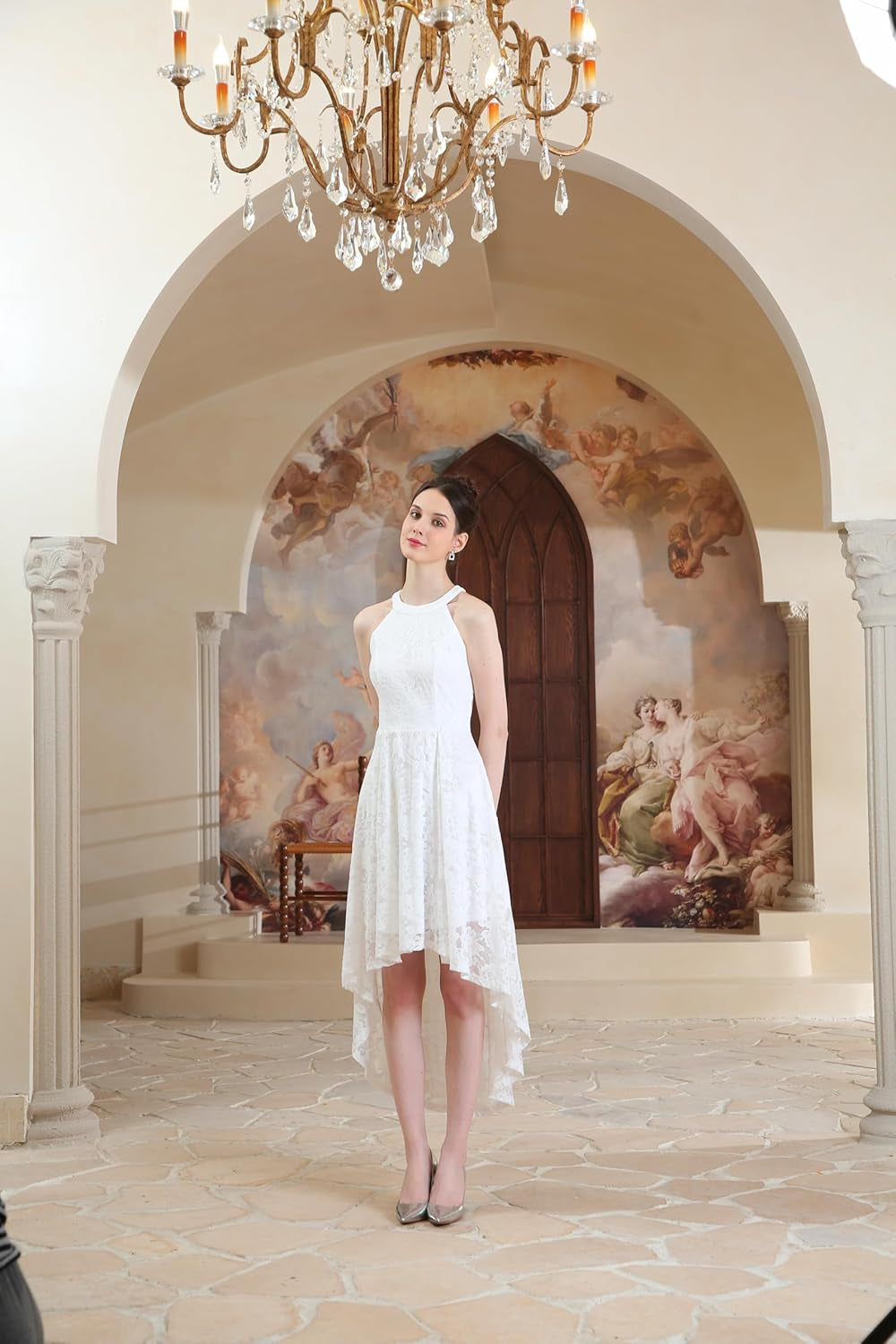 Elegant Hi-Lo Lace Halter Dress for Wedding Guests & Bridesmaids - Perfect Cocktail Party Attire