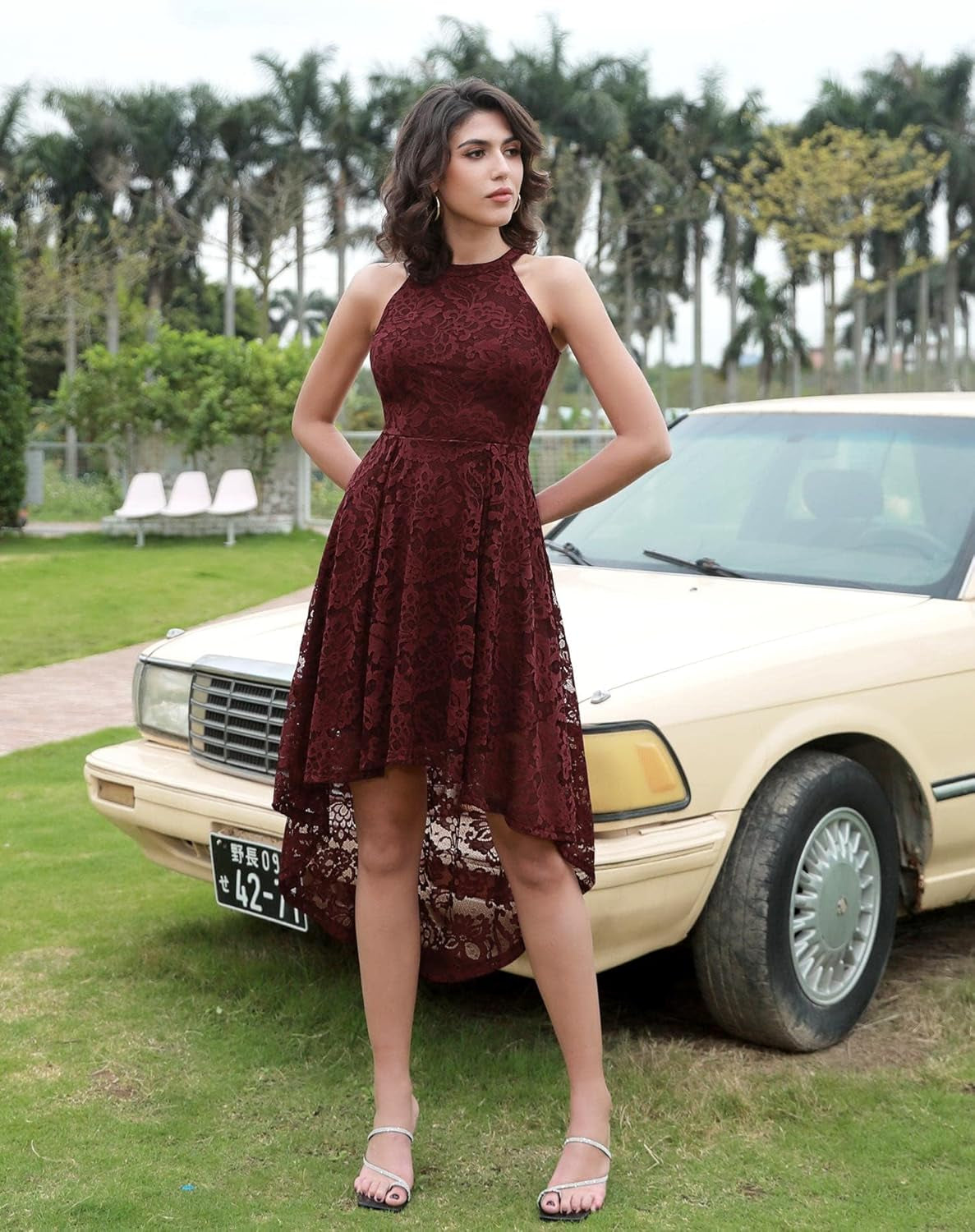 Elegant Hi-Lo Lace Halter Dress for Women - Perfect Wedding Guest & Bridesmaid Cocktail Attire
