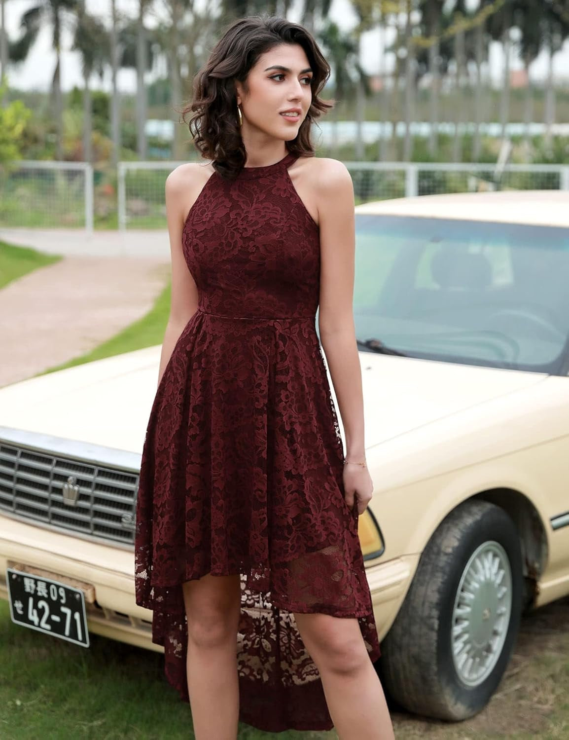 Elegant Hi-Lo Lace Halter Dress for Women - Perfect Wedding Guest & Bridesmaid Cocktail Attire