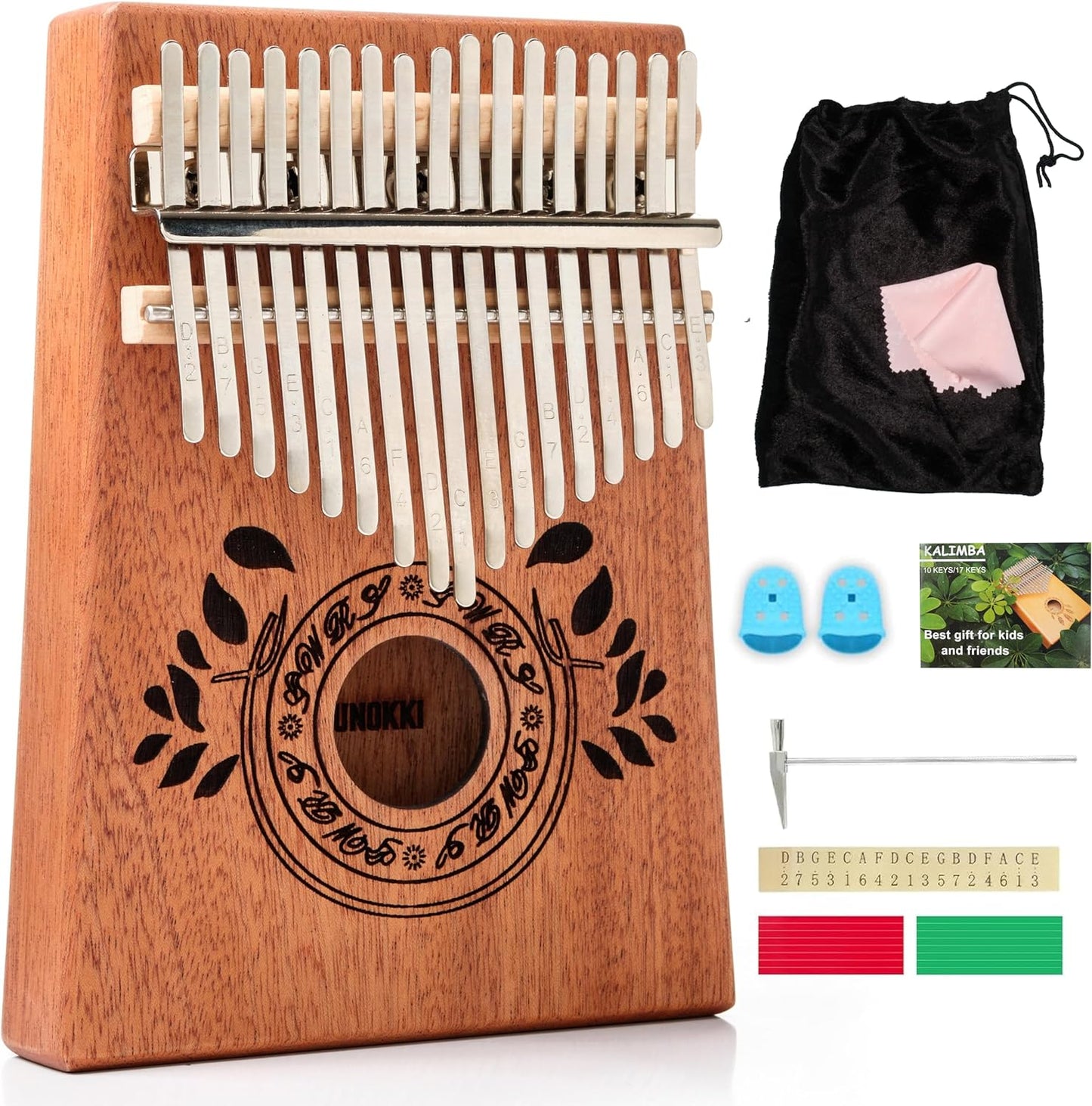17-Key Kalimba Thumb Piano - Portable Mahogany Mbira with Instruction, Carrying Bag & Tune Hammer - Perfect Holiday Gift for Kids - Light Brown Musical Instrument