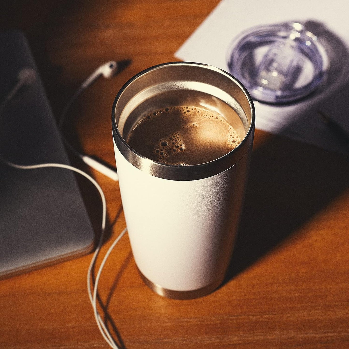 20Oz Stainless Steel Insulated Coffee Tumbler with Lid and Straw - Double Wall Powder Coated Travel Mug (White)