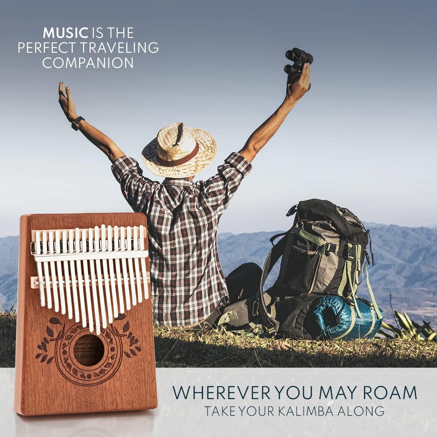 17-Key Kalimba Thumb Piano - Portable Mahogany Mbira with Instruction, Carrying Bag & Tune Hammer - Perfect Holiday Gift for Kids - Light Brown Musical Instrument