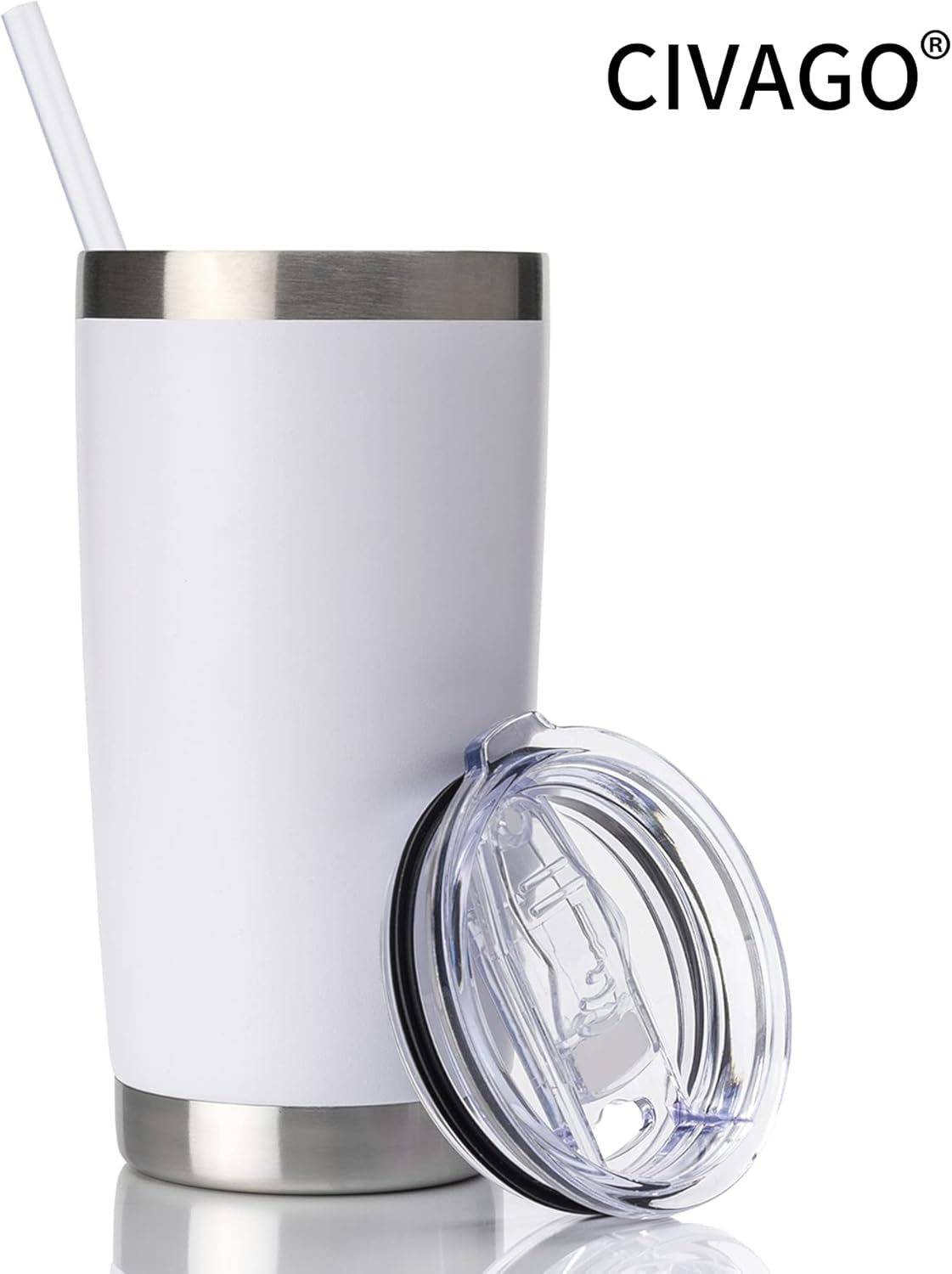 20Oz Stainless Steel Insulated Coffee Tumbler with Lid and Straw - Double Wall Powder Coated Travel Mug (White)