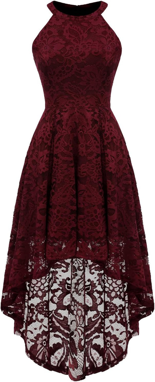Elegant Hi-Lo Lace Halter Dress for Women - Perfect Wedding Guest & Bridesmaid Cocktail Attire